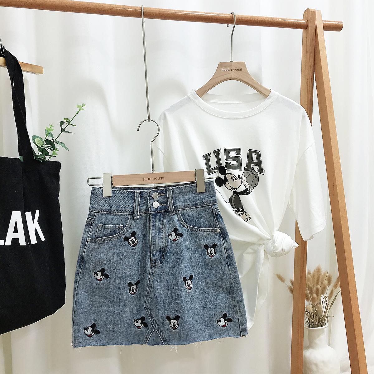 Chân Váy Denim Thêu Họa Tiết Chuột Mickey Xinh Xắn Dành Cho Nữ