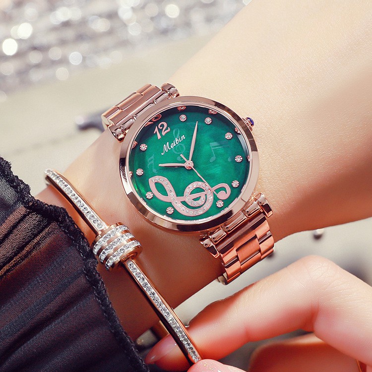 Đồng hồ thời trang nữ, đồng hồ chính hãng MEIBIN nốt nhạc, mặt tròn đính đá Ruby cực kỳ cao cấp, sang chảnh