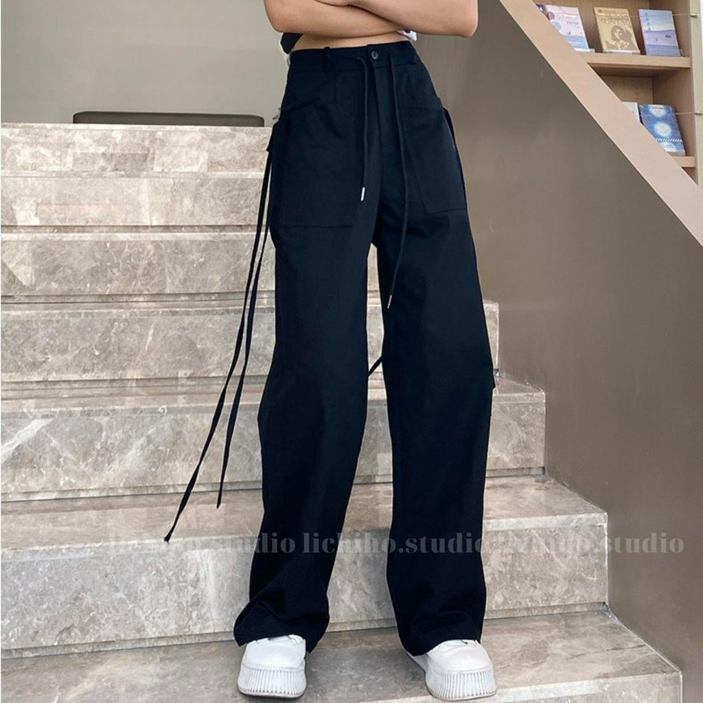 Quần kaki túi hộp phối dây rút eo form dài unisex cargo pants ống suông thiết kế cạp lưng cao cá tính trẻ trung LCH