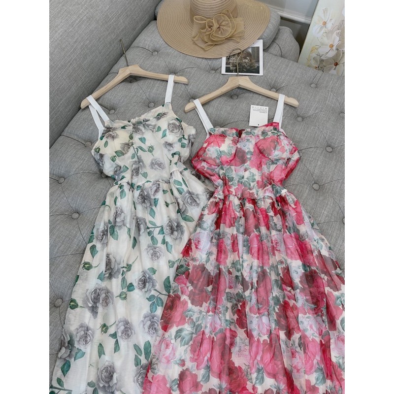 váy hoa hồng 2 dây dáng xoè