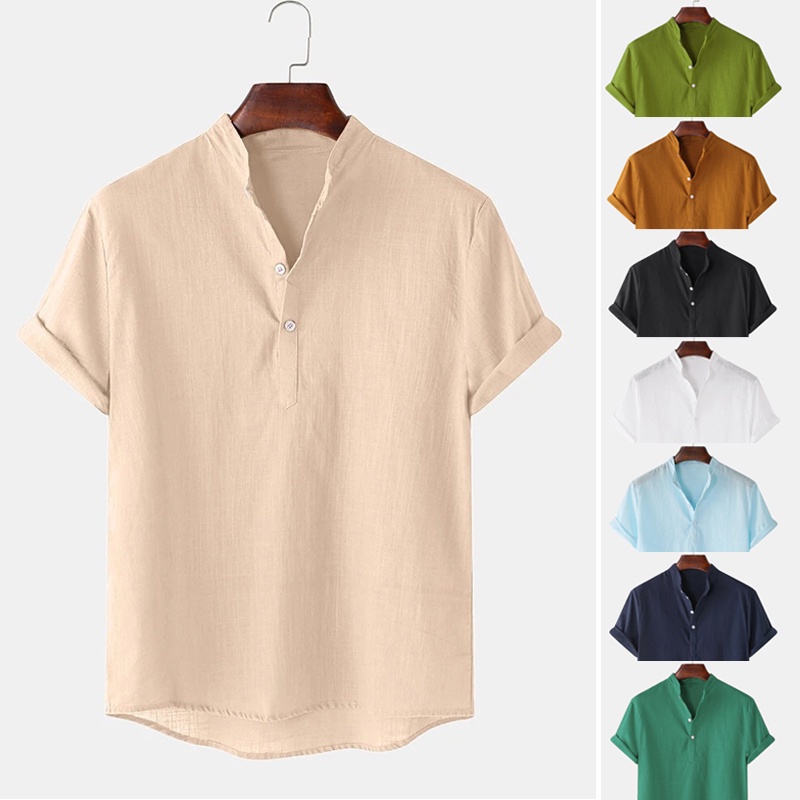 BEFOYI Men's Shirt Cotton Short Sleeve Solid Color Stand Collar Top MJ5122