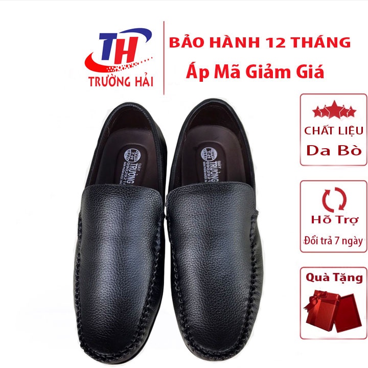 Giày mọi nam da bò thật Trường Hải màu đen đế cao su không trơn may chắc chắn GM270