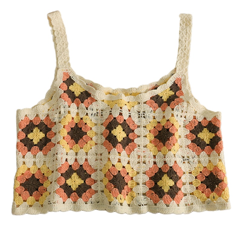 Áo Croptop Dệt Kim Không Tay Khoét Lỗ Màu Sắc Tương Phản Phong Cách Boho Cho Nữ