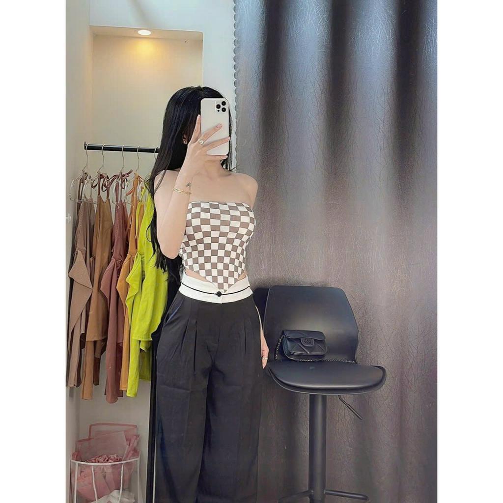 Áo ống cúp ngực nhọn tà cột nơ lưng phối màu caro kiểu dáng croptop sexy , chất thun gân dày dặn mềm mịn