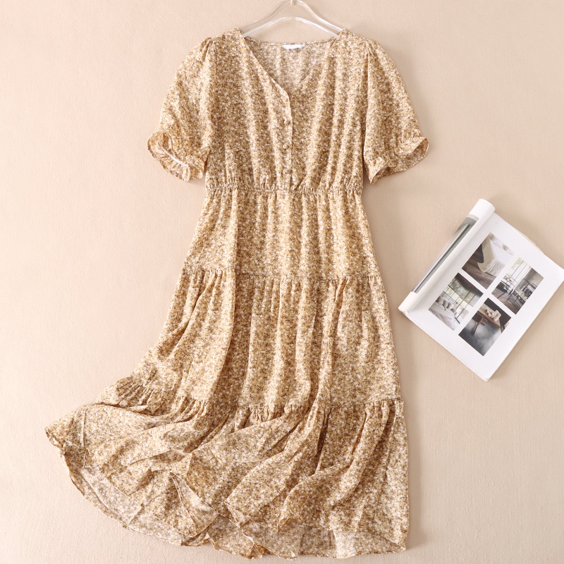Đầm Voan Hoa Dáng Dài Cổ Chữ V,Váy Hoa Nhí Vintage Dáng Xoè Đuôi Cá Chất Vải Mềm Mát Da177