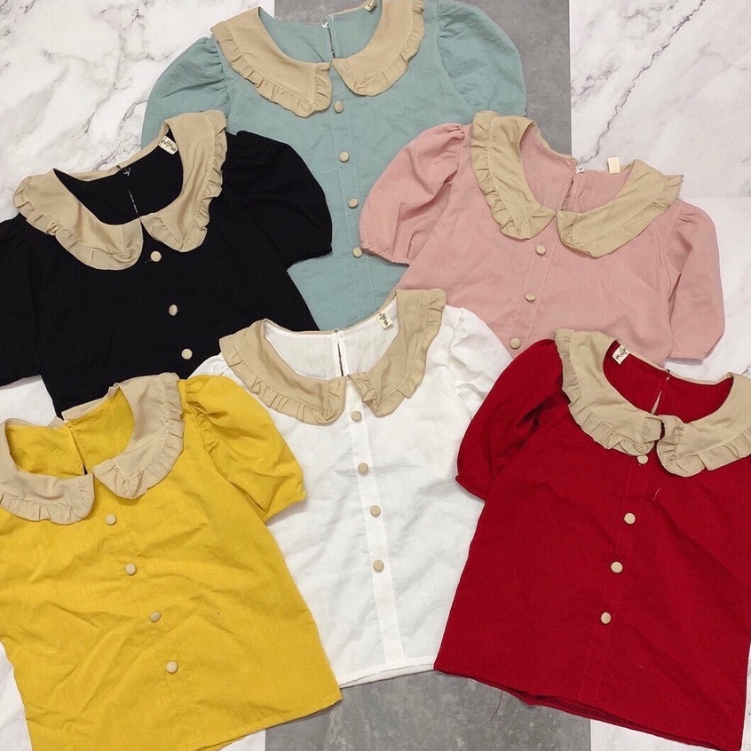 Áo kiểu nữ NHẬT LINH áo sơ mi đũi xước cổ phối bèo tay ngắn nữ tính duyên dáng - A194