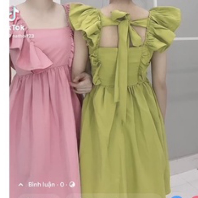 Váy cánh tiên buộc nơ sau chiết eo chất thô trượt
