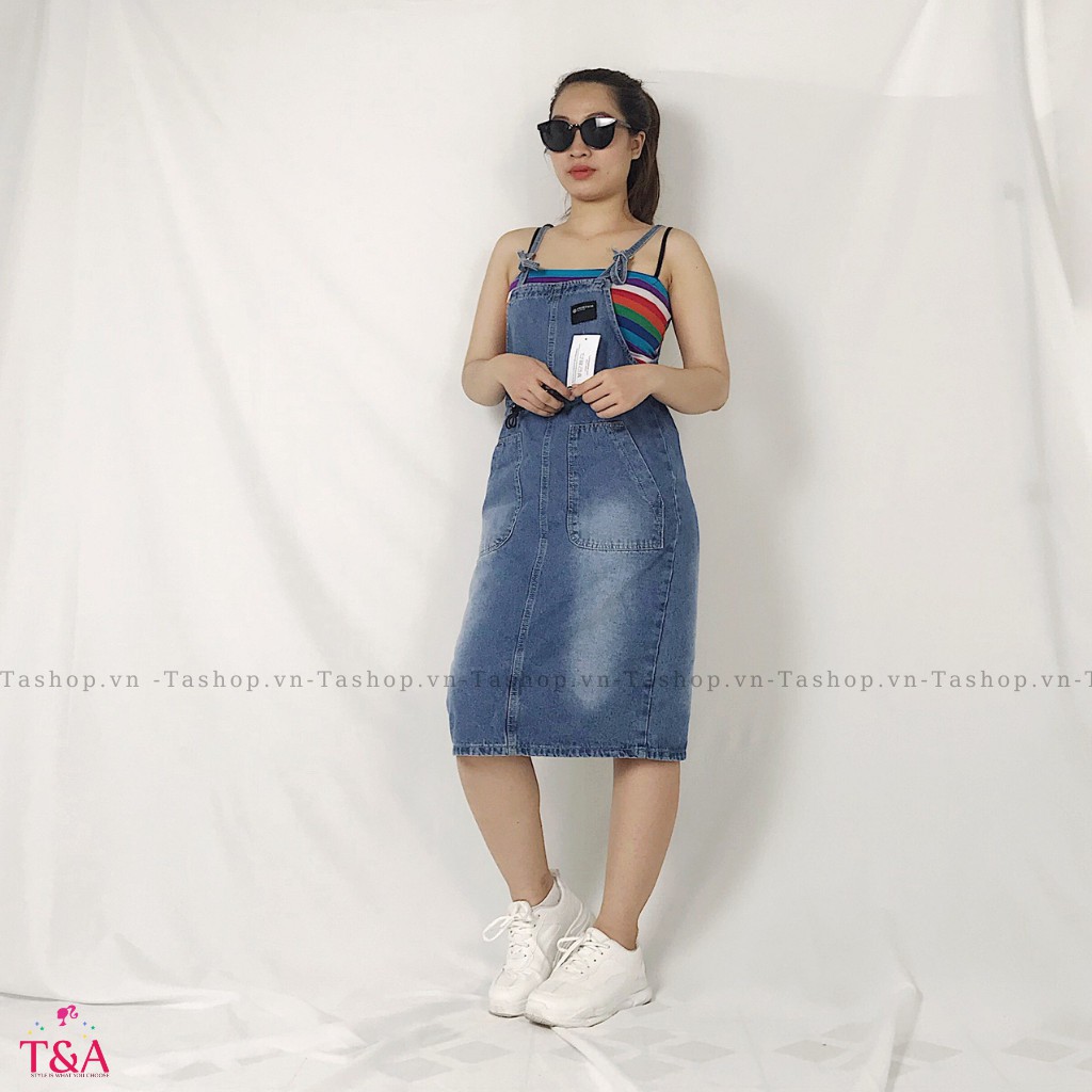 Yếm Váy Jeans Nữ Chất Bò Phối 2 Túi Trước Kèm Dây Rút Eo Mang Phong Cách Ulzzang Hàn Quốc - Tashopvn 425