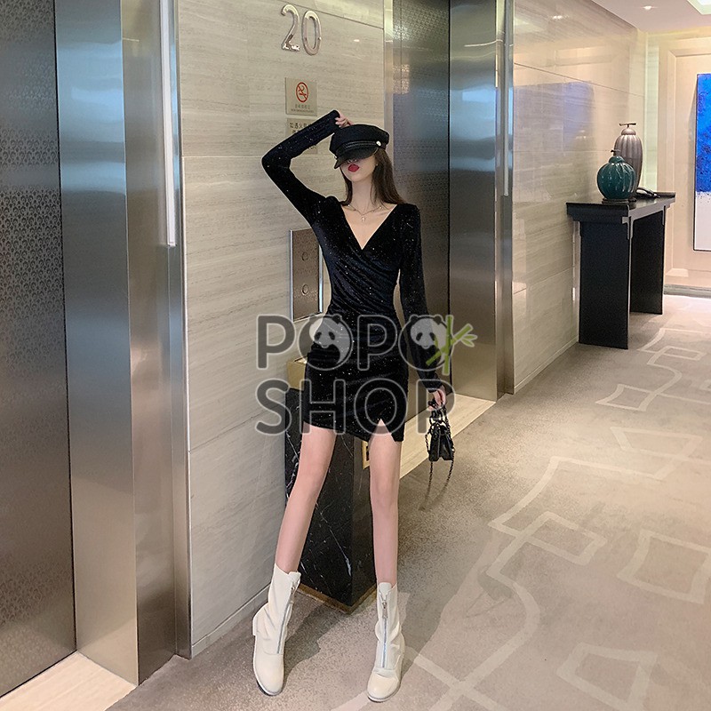 Váy Body dài tay đen kim tuyến tôn dáng sáng da quyến rũ