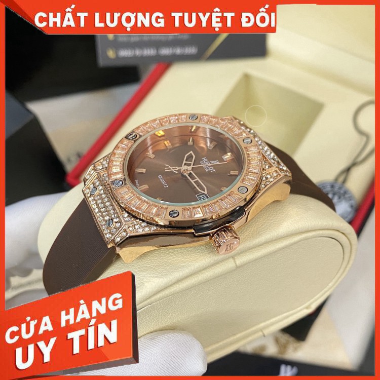 (Hublot hương vani)  Đồng hồ nữ Hublot máy pin size 36 đính viền đá dây silicon- Bảo hành 12 tháng