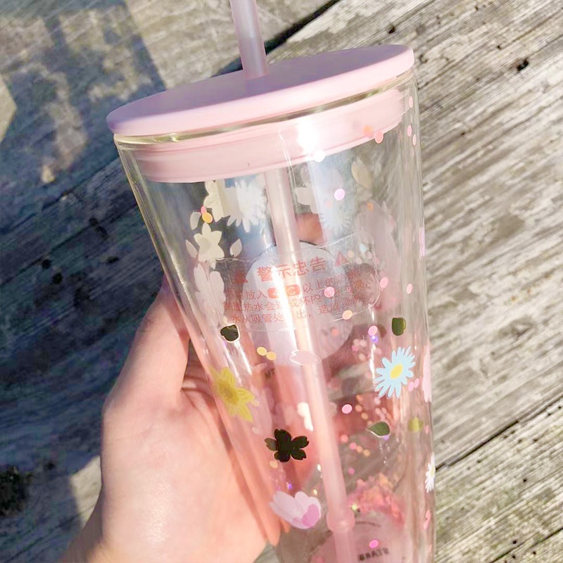 Ly cốc thủy tinh STARBUCKS 2 lớp màu hồng họa tiết hoa Dung tích 590ml