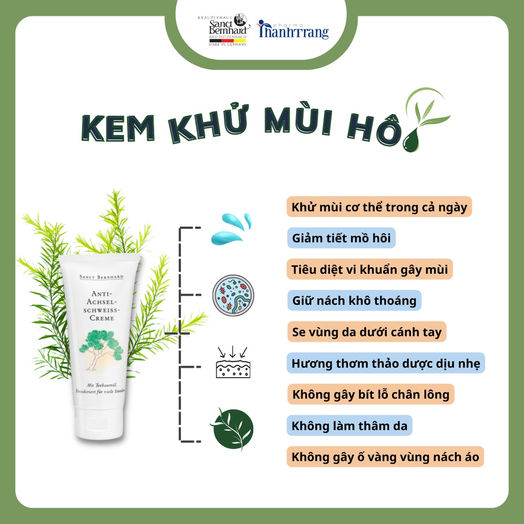 Kem khử mùi hôi nách Anti Perspiration tràm trà giúp kiểm soát mùi, mồ hôi [Chính hãng Sanct Bernhard - CHLB Đức] 100ml