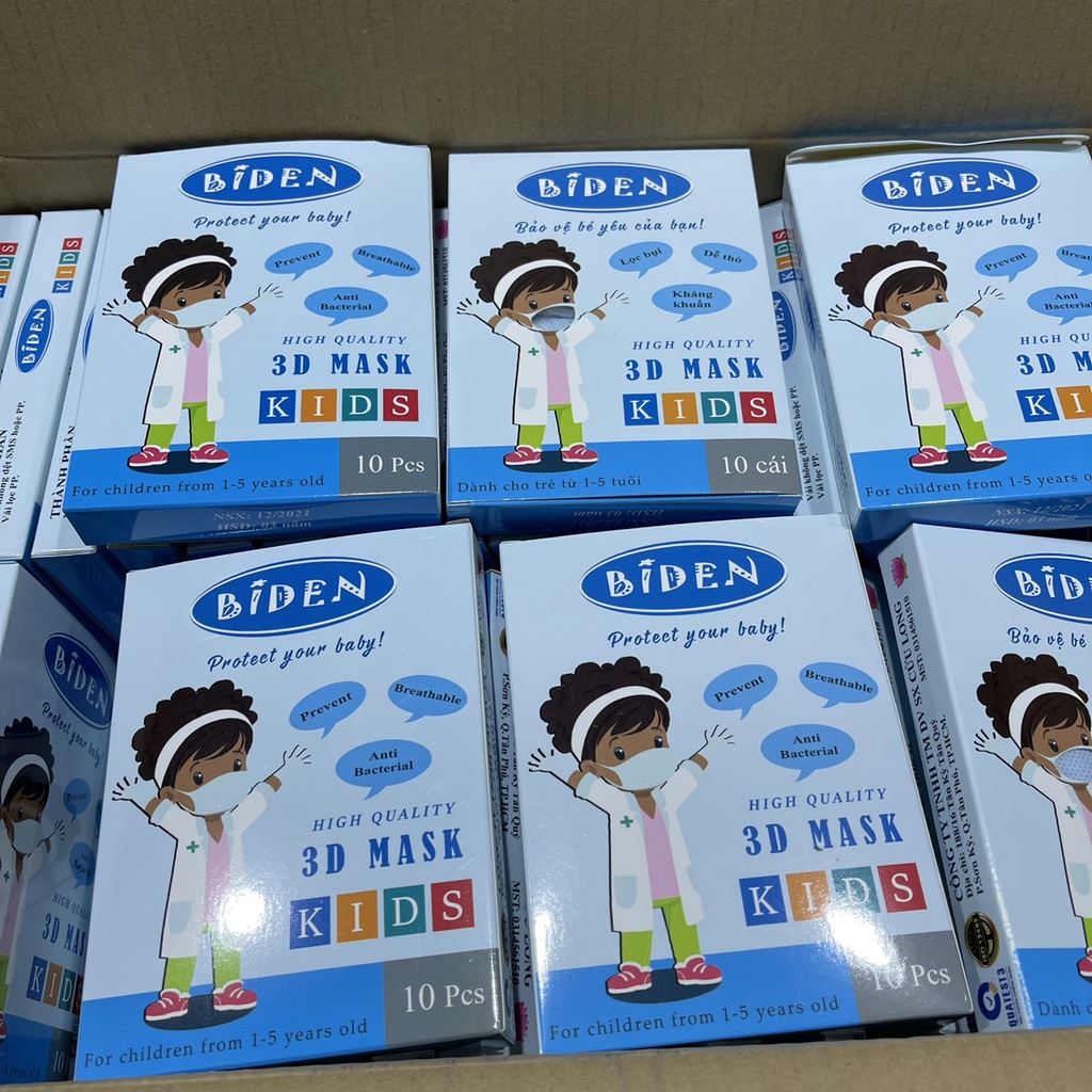 Hộp 10 cái Khẩu Trang Trẻ Em Từ 1 Đến 5 Tuổi BIDEN 3D Mask Kids (chính hãng cty Cửu Long)