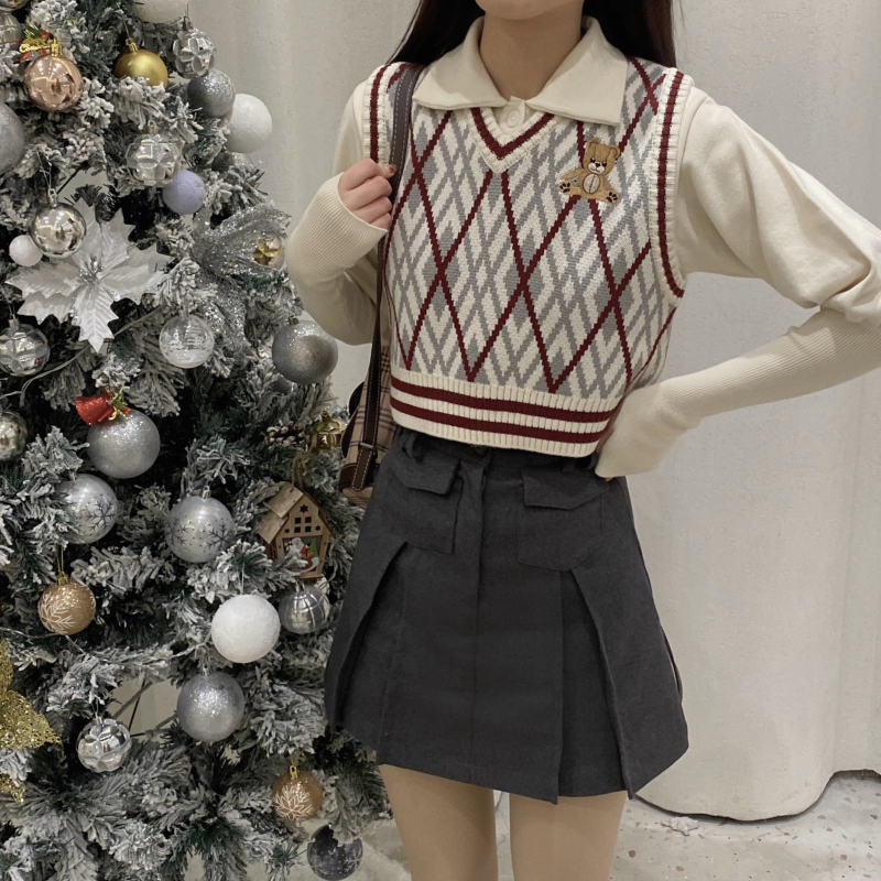 Áo Vest Dệt Kim Phong Cách Preppy 172151Áo Dệt Kim Sát Nách Thêu Họa Tiết Hình Thoi Màu Sắc Tương Phản Thời Trang Cho Nữ