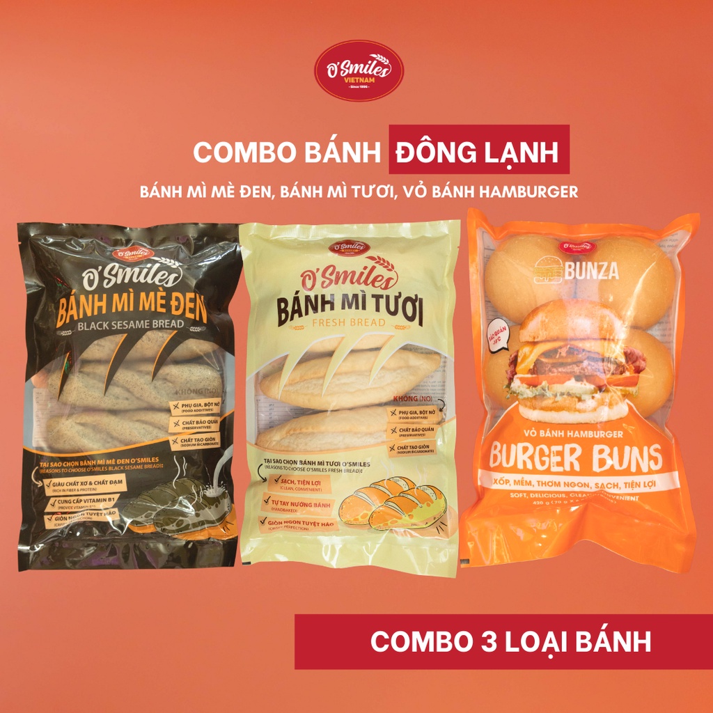 [COMBO HCM] 3 Loại Bánh Tươi Đông Lạnh O'Smiles - Bánh Mì Tươi, Vỏ Bánh Hamburger Bunza, Bánh Mì Mè Đen