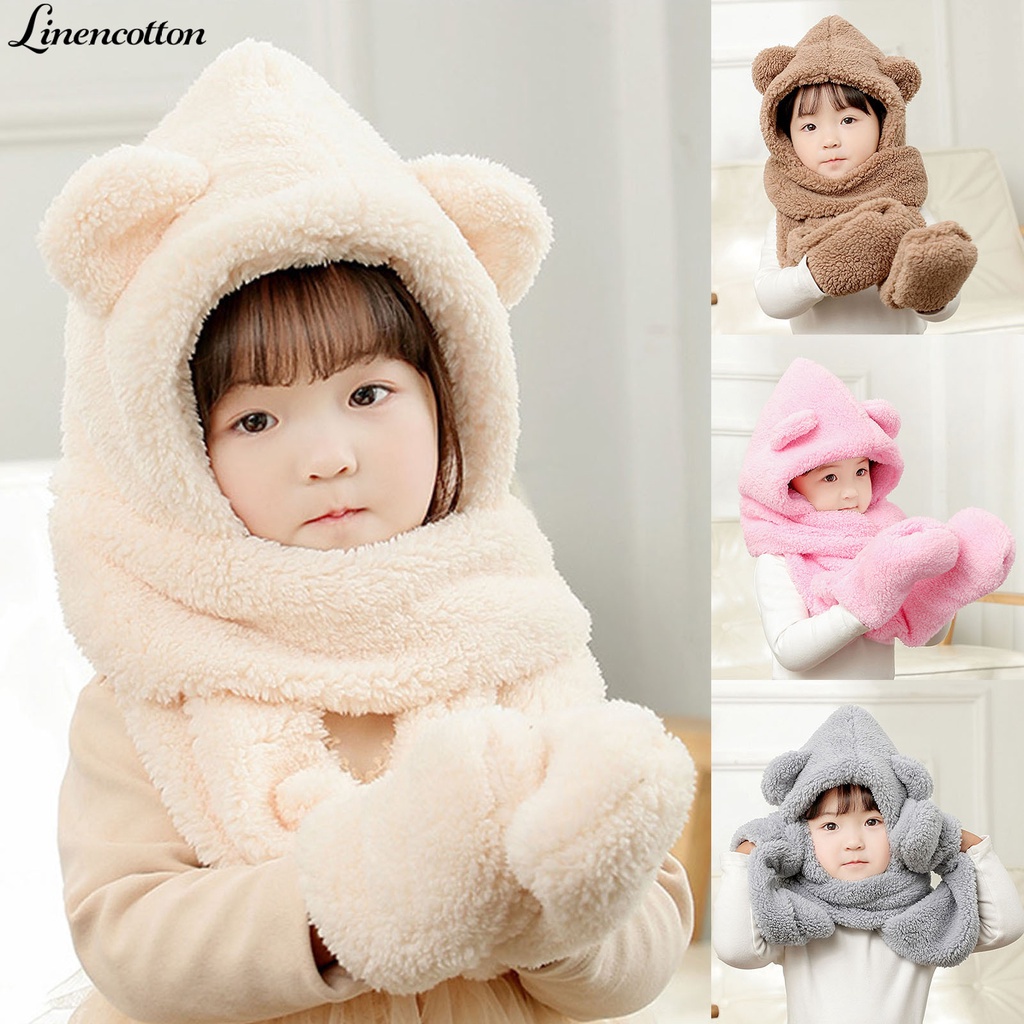 Nón kiêm khăn choàng cổ và găng tay bằng cotton lanh chống lạnh hình gấu dễ thương cho bé