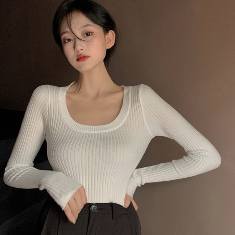 Women's U-Neck Solid Color Slim Casual Long Sleeve Knitted Tops