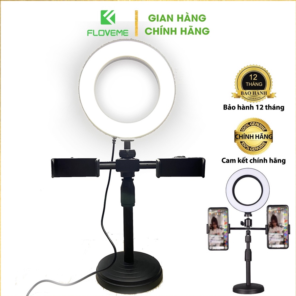 Đèn livestream Floveme 3in1 để bàn Đỡ Được 2 - 3 Điện Thoại Hỗ Trợ Chụp Ảnh Make Up, Quay Tiktok Có Đèn Led 3 màu