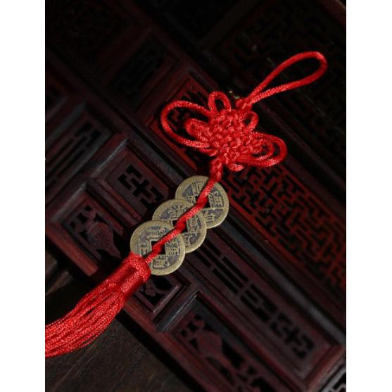 Dây tiền xu kết chỉ đỏ, dây tam đế bằng đồng thau may mắn