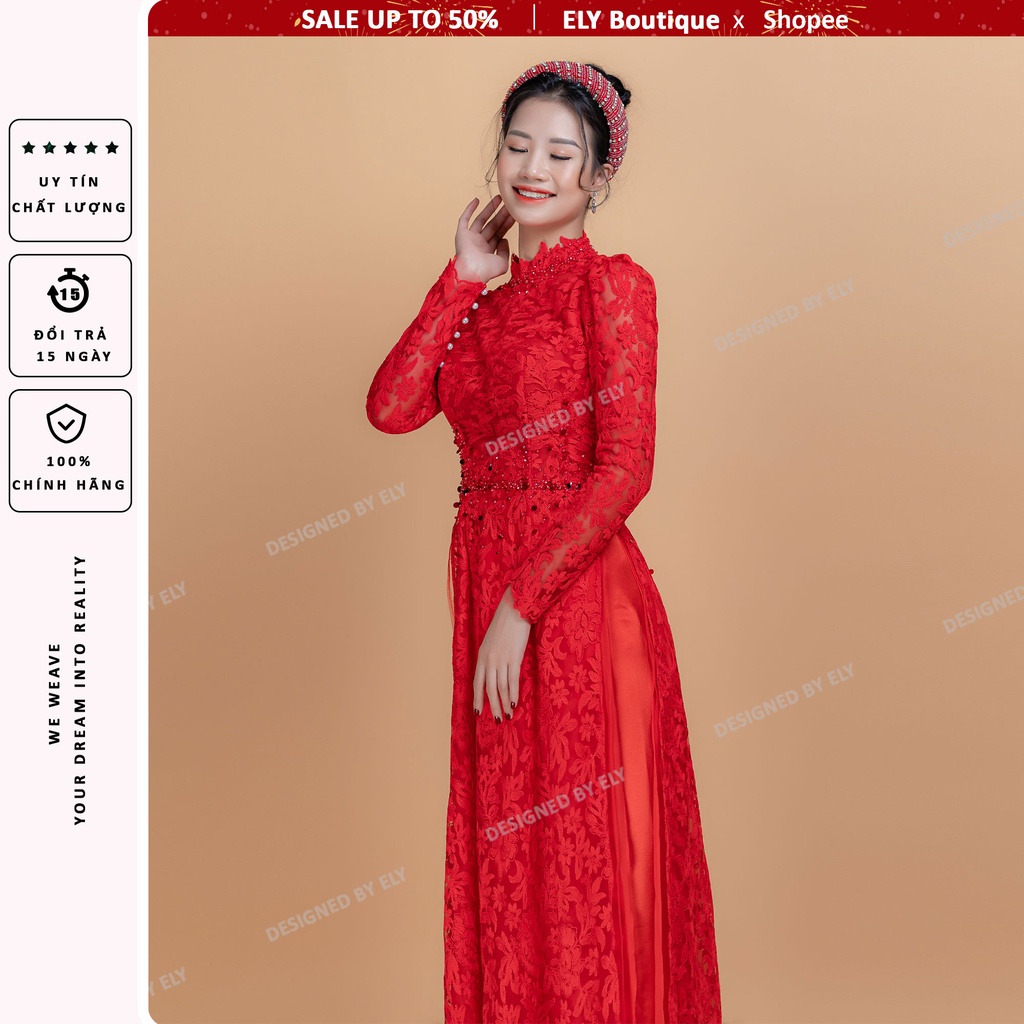 Áo dài cưới ELY Boutique, áo dài đỏ đính kết cổ cách điệu, 3 lớp 6 tà cách điệu