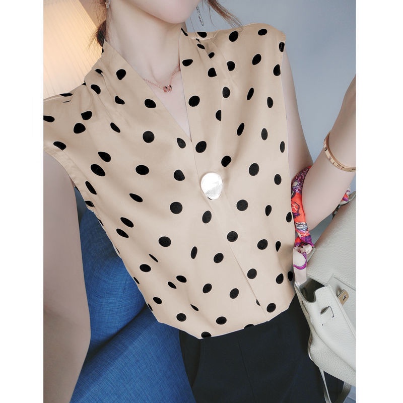 Thời Trang Áo Chiffon Sát Nách Dáng Rộng Họa Tiết Chấm Bi Cho Nữ