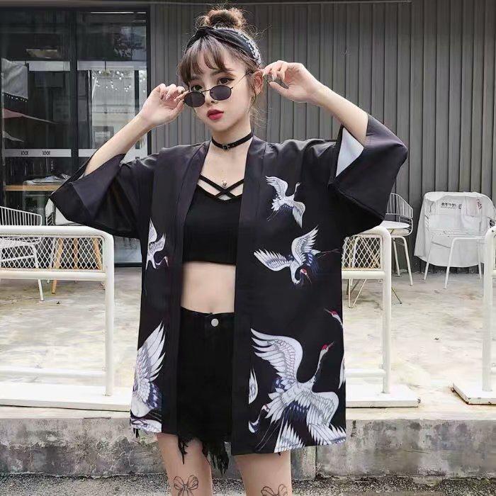 Áo Khoác Kimono Tay 3 / 4 Họa Tiết Chim Hạc Thời Trang