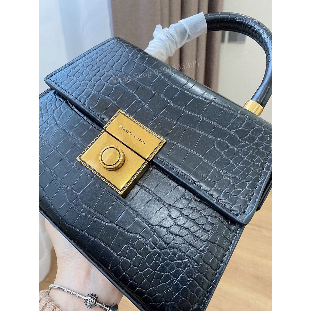 Túi Xách Nữ Đeo Chéo Cao Cấp CNK Khóa Vuông Quai Tròn Vân Đen Size 21, Ảnh Chụp Thật, VụngShop