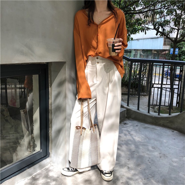 Áo Sơ Mi Tay Dài Form Rộng Màu Trơn Phong Cách Retro Hàn Quốc