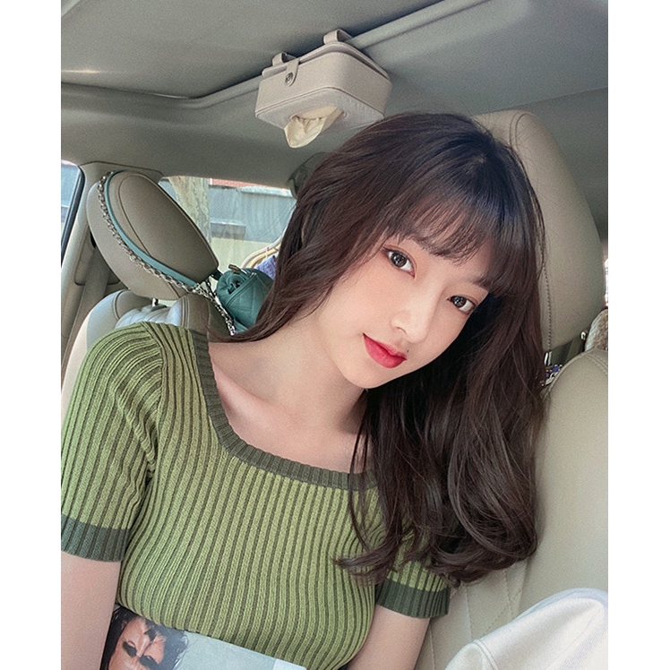 SUXI Áo Kiểu Tay Ngắn Cổ Vuông Họa Tiết Kẻ Sọc Thời Trang Cho Nữ