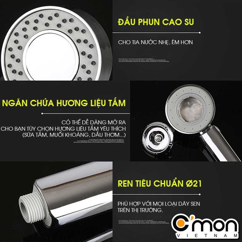 Tay sen tắm 2 chế độ, phun tia từ cả 2 mặt sen, có khóa nước trực tiếp và ngăn chứa hương liệu tắm C'mon TS-05