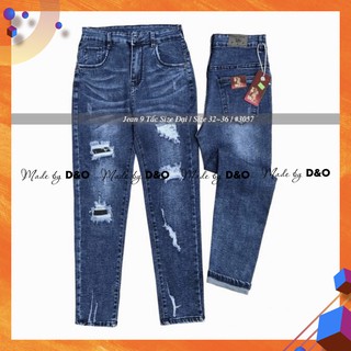 [Size 32~36] Quần Jeans 9 Tấc Xanh Rách Vá - Lưng Cao, Co Giãn