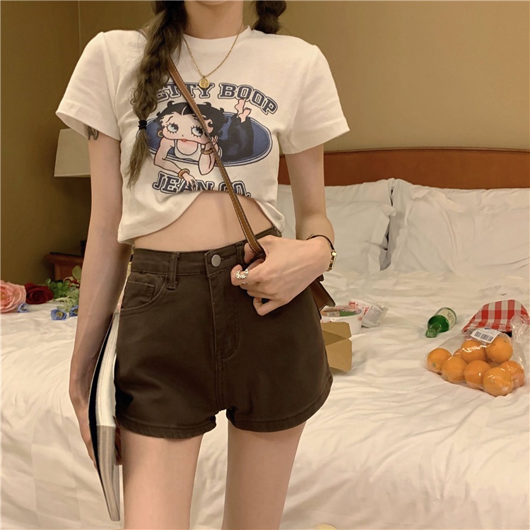 Quần ngắn SUXI vải denim lưng cao co giãn màu sắc trơn thời trang mùa hè dễ phối đồ cho nữ