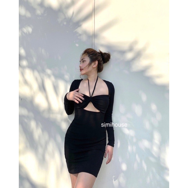 Đầm body tay dài kiểu hở vai cổ yếm có mút ngực, chất vải thun gân len 4 chiều FreeSize (Bảo An Shop) | BigBuy360 - bigbuy360.vn