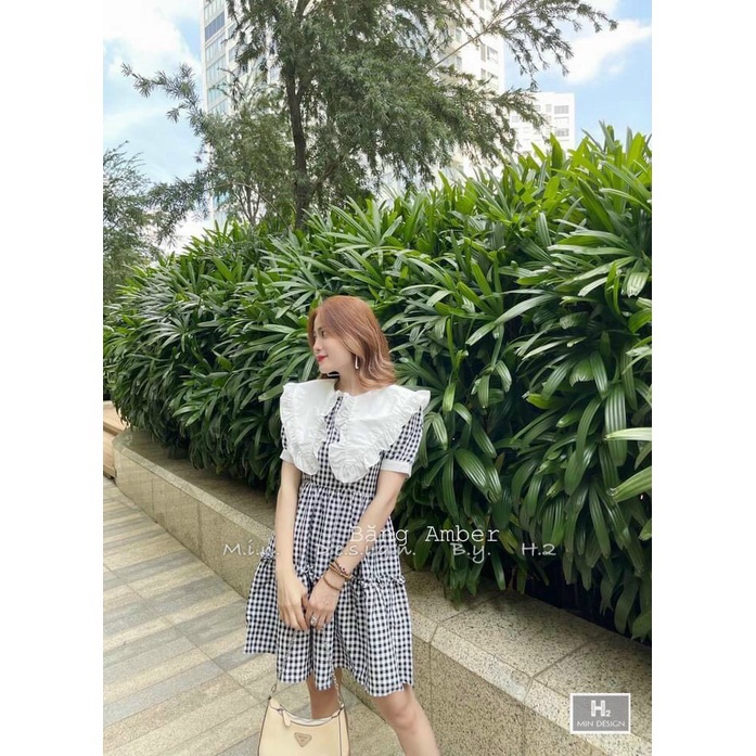 Đầm nữ tiểu thư caro đen tay búp dáng xòe, đầm caro cổ bèo trắng to, đầm cổ sen babydoll đi chơi d