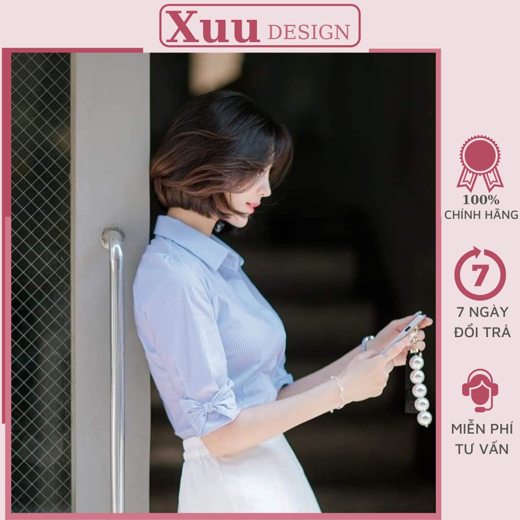 Áo sơ mi nữ công sở Xuu Design, Áo kiểu nữ tay lỡ phối nơ dễ thương chất Kate cao cấp - BS07