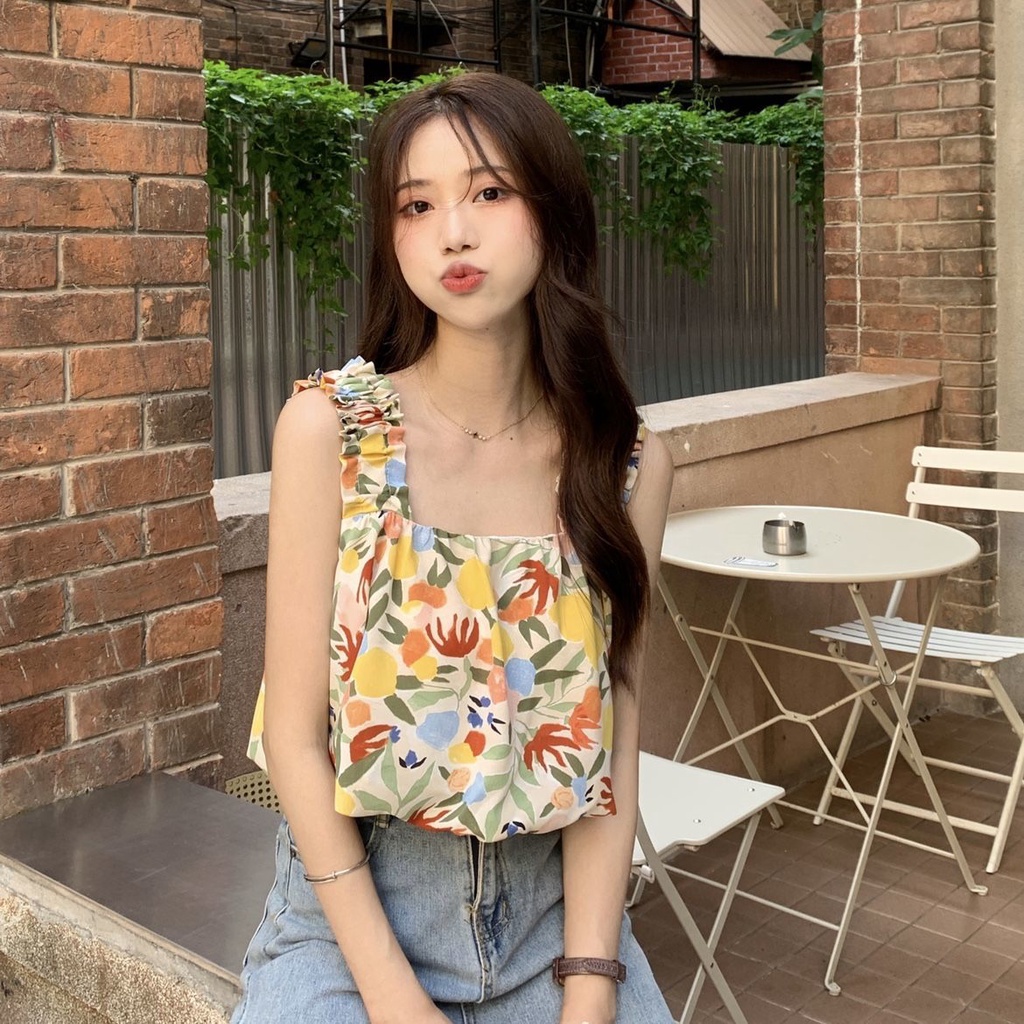 Áo Hai Dây Dáng Ôm In Hoa Thời Trang Mùa Hè Phong Cách Hàn Quốc Cho Nữ