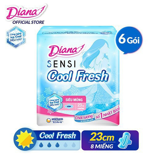 Bộ 6 gói Băng vệ sinh Diana SenSi Cool Fresh siêu mỏng cánh gói 8 miếng