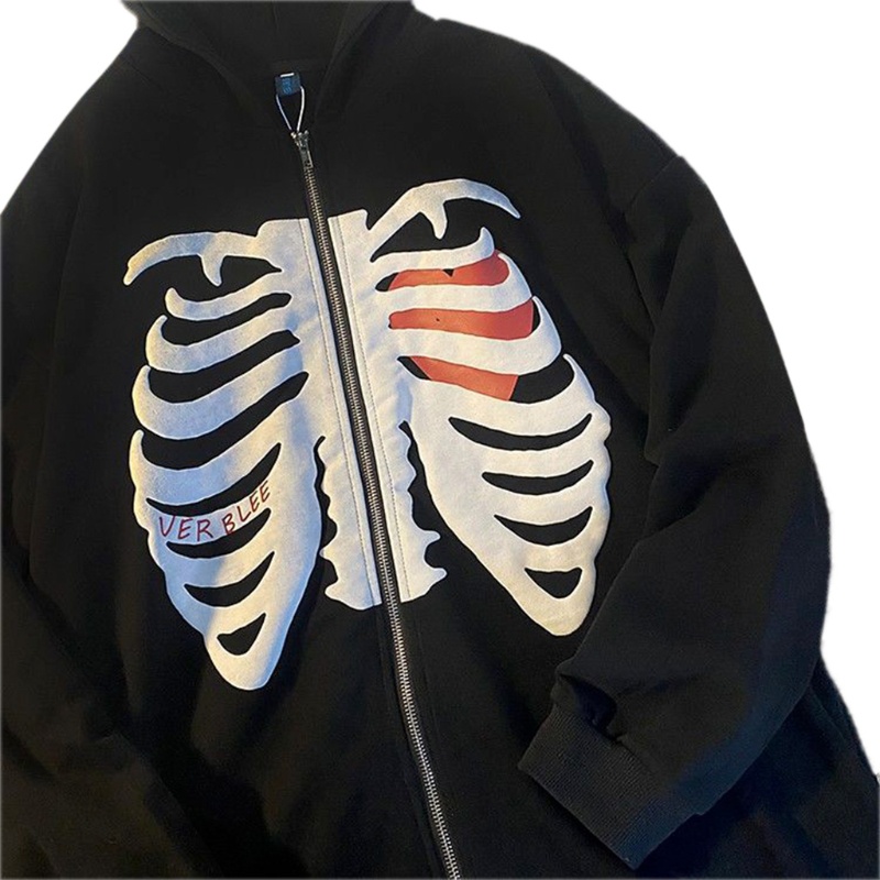 Áo khoác hoodie có khóa kéo dáng rộng quá cỡ màu trơn in họa tiết bộ xương phong cách gothic hip hop thời trang cho nữ
