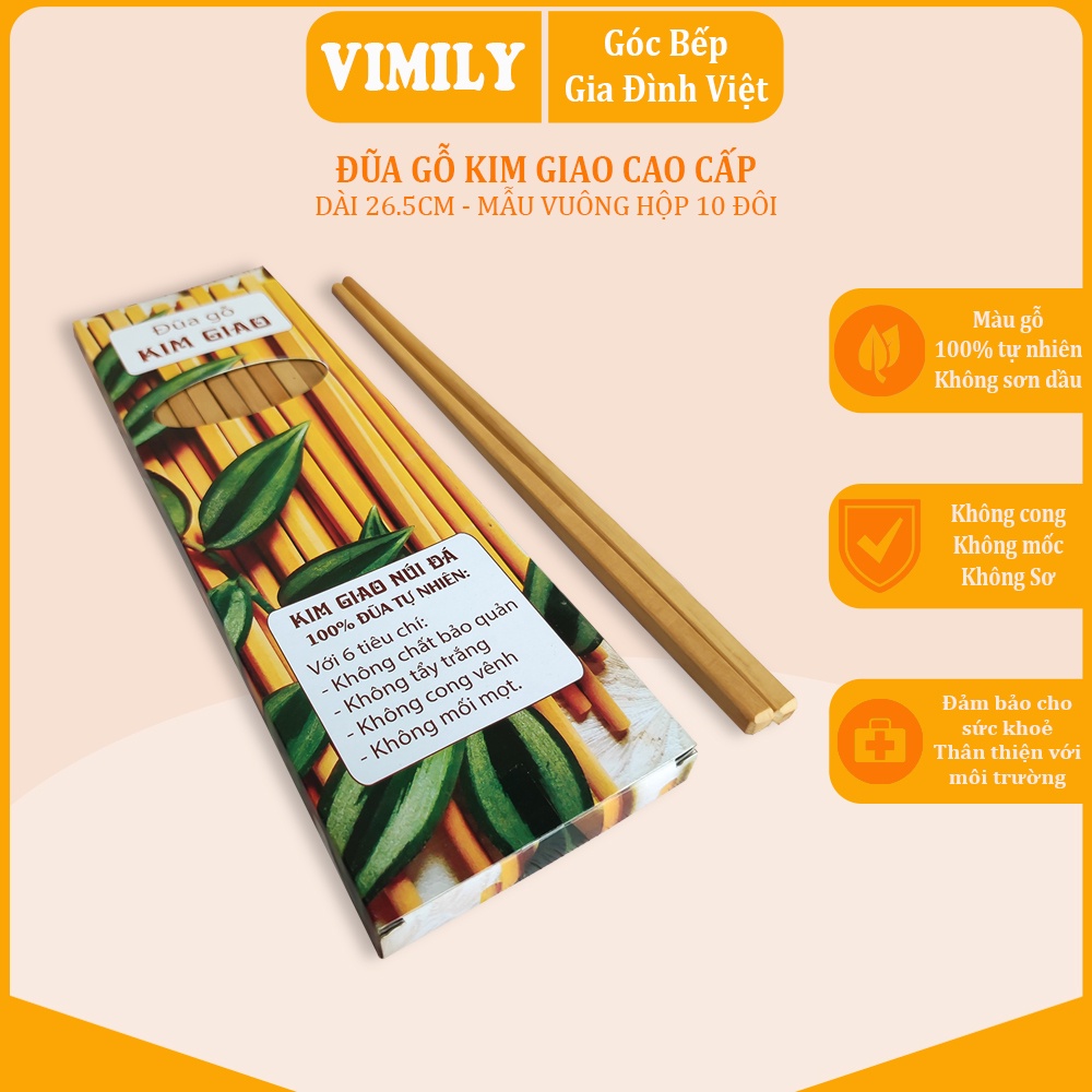 Đũa gỗ Kim Giao cao cấp ăn cơm kháng khuẩn chịu nhiệt hộp tròn vuông VIMILY 10 đôi