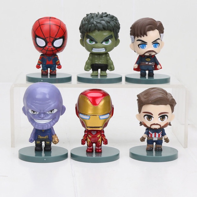 Set 6 Mô Hình Avengers Q Hulk Thanos Iron man Dr Strange Spider man Captain 2 size 6cm &amp; 10cm