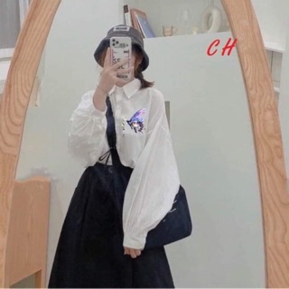 Áo sơ mi trắng dài tay, áo sơ mi trắng tay to bồng in bướm