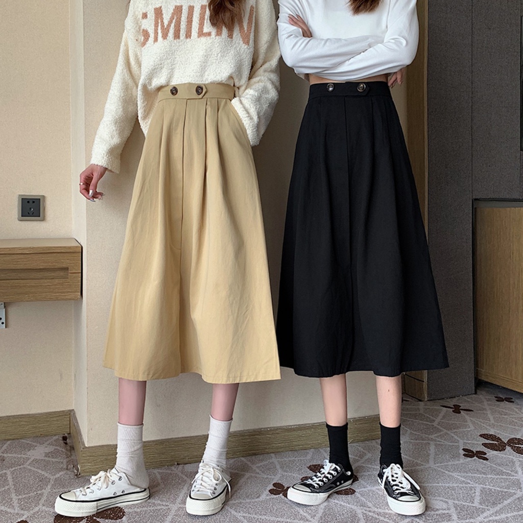 Chân Váy dài qua gối phong cách ulzzang - thiết kế sau lưng chun , Váy chất liệu kaki mềm + lớp lót trong , MS : 22
