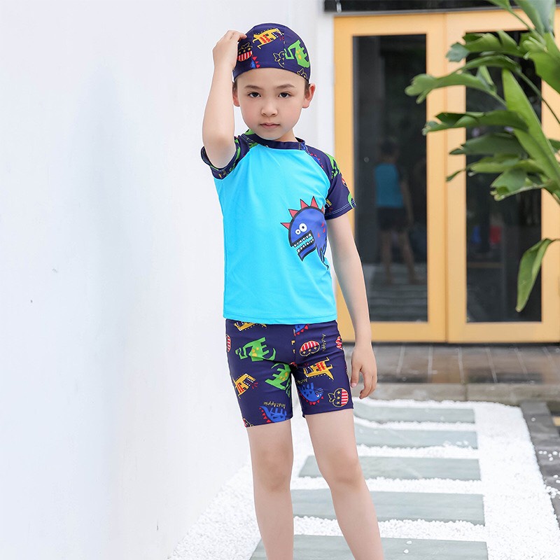 Đồ bơi cho bé Áo quần mũ bơi hoạt tiết khủng long cá sấu siêu ngầu Thời trang đồ bơi cao cấp