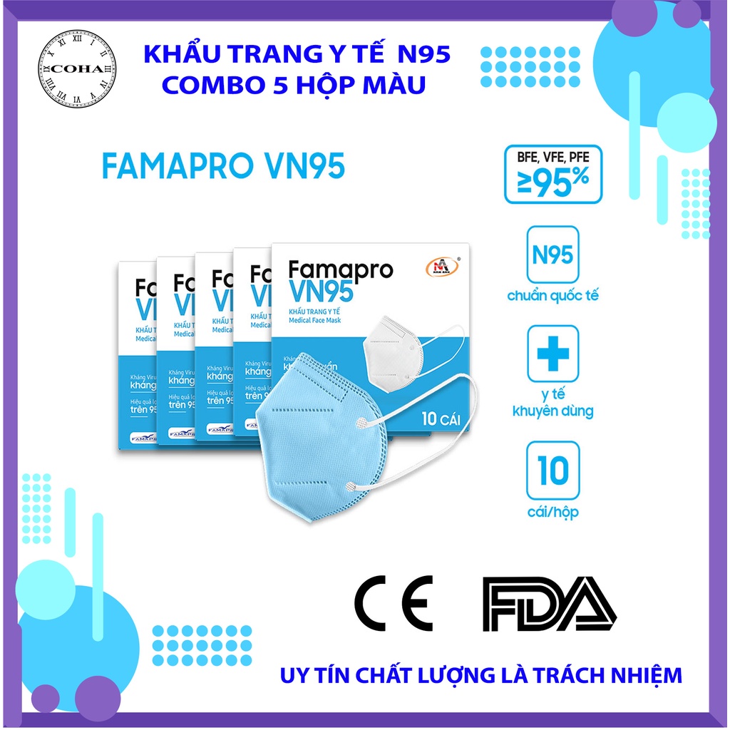 COMBO 5 Hộp khẩu trang y tế 4 lớp Famapro VN95 màu trắng (10 cái / Hộp)