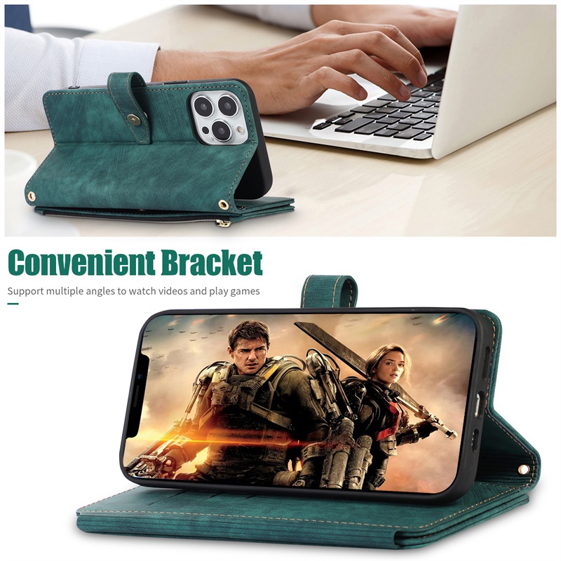 Bao Da Điện Thoại Nắp Lật Kèm Ngăn Đựng Thẻ Có Khóa Kéo Và Dây Đeo Cho Xiaomi 11T POCO X3 NFC 12T Redmi Note 11 10 Pro Max 10S 11S Giá Đỡ