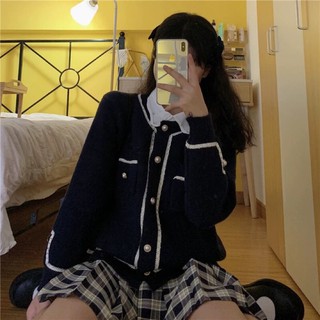 Set áo cardigan xanh navy + chân váy xếp li kẻ caro ulzzang Hàn Quốc