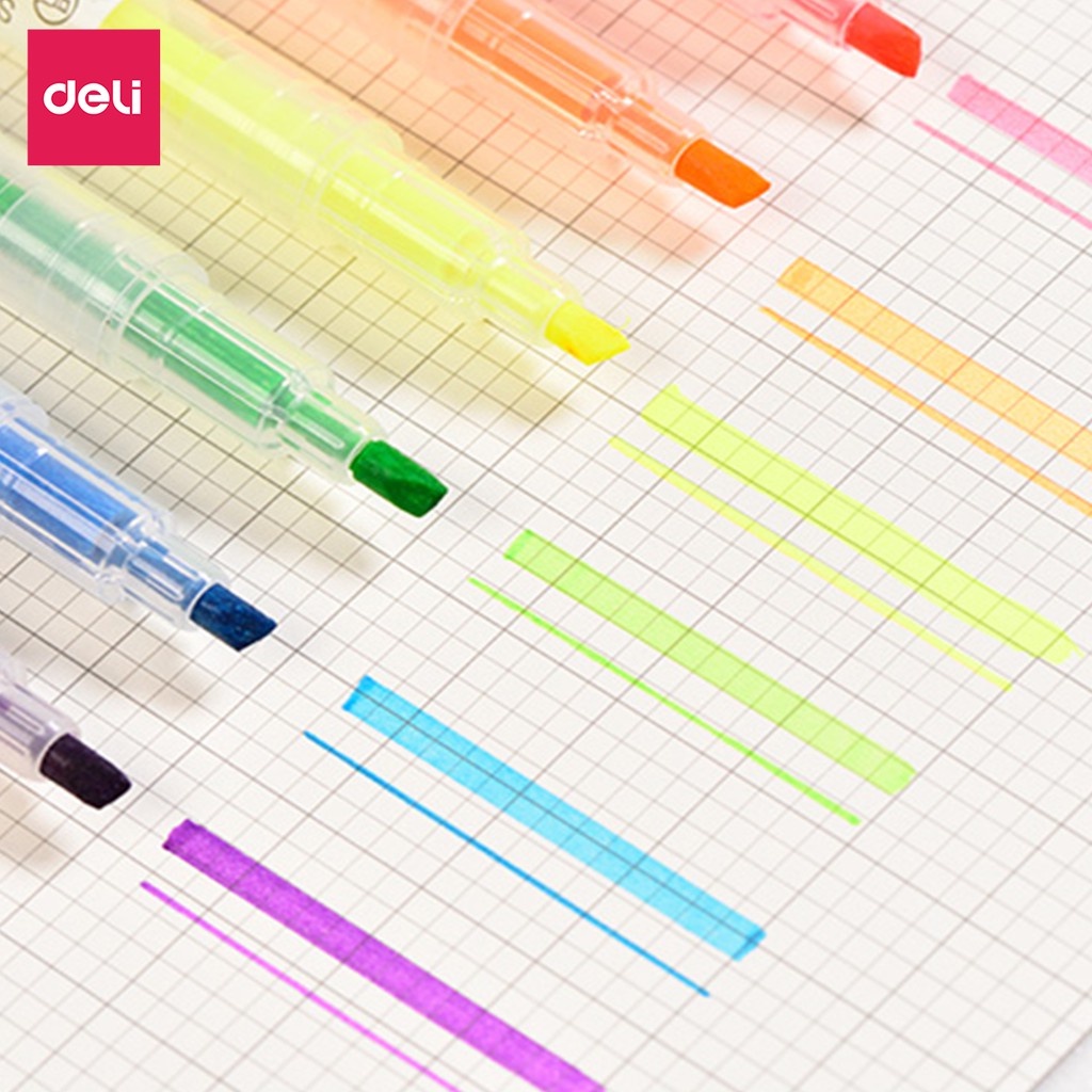 Bộ bút highlight đánh dấu dòng hai đầu dạ quang Deli nhiều màu tiện dụng cho học sinh văn phòng trang trí sổ S736