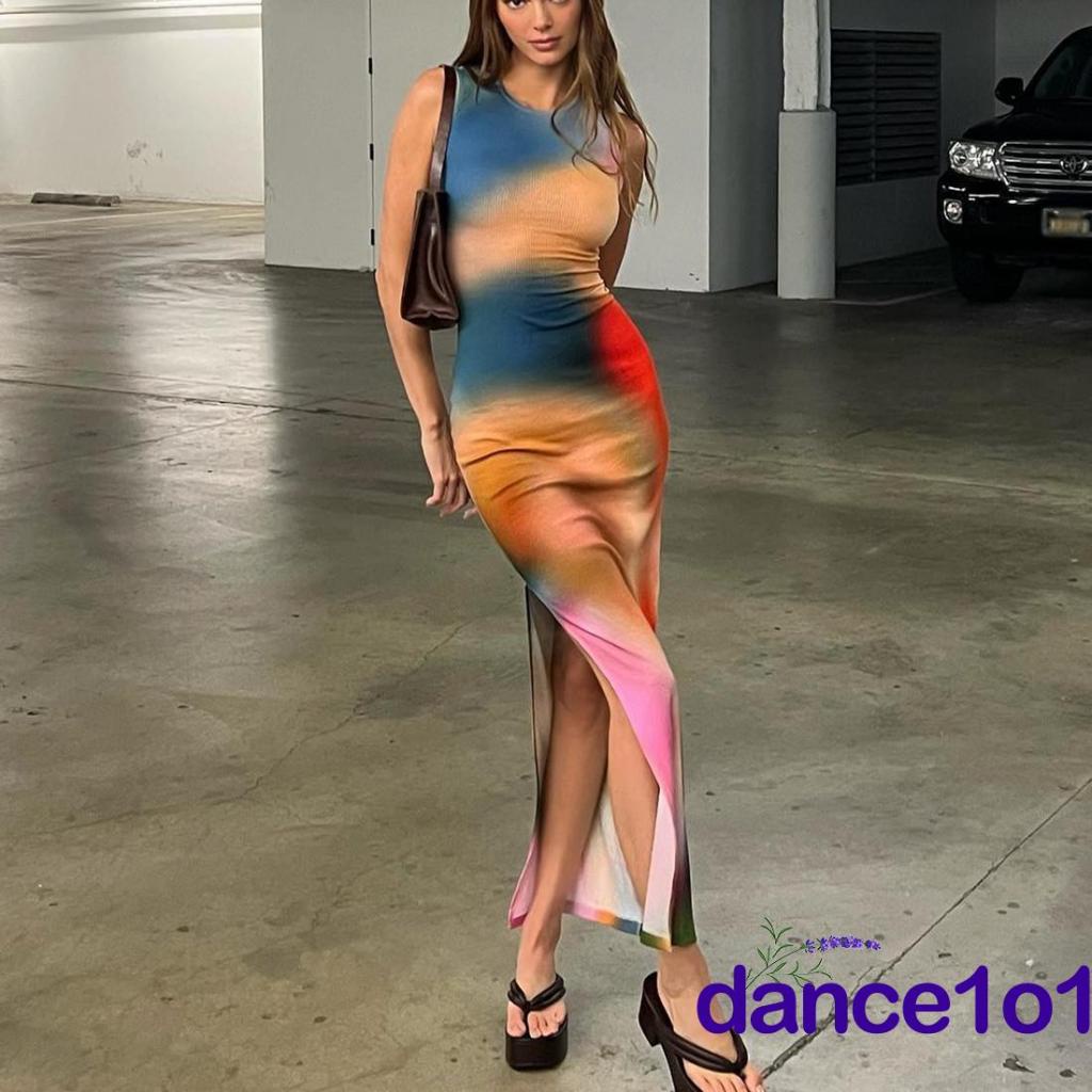 ✤CT✰Women´s Summer Sleeveless O Neck Tie Dye Print Side Split Skinny Dress