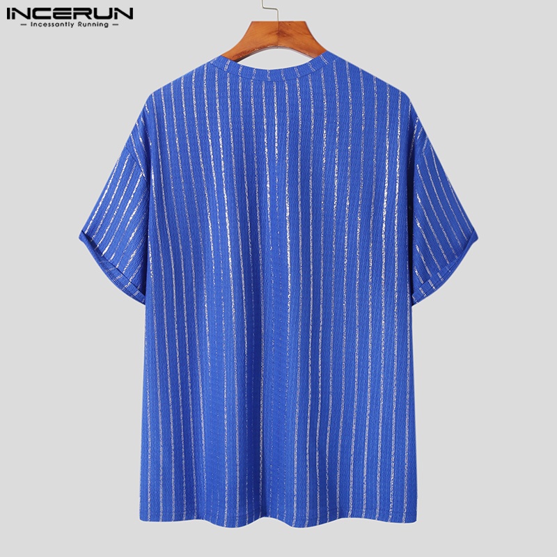 INCERUN Áo Thun Dệt Kim Cổ Tròn Dáng Rộng Màu Trơn Họa Tiết Kẻ Sọc Thời Trang Mùa Hè Cho Nam