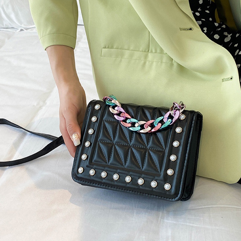 Túi xách đeo vai IELGY hình vuông cỡ nhỏ phối dây đeo sợi xích phong cách phương Tây thời trang cho nữ